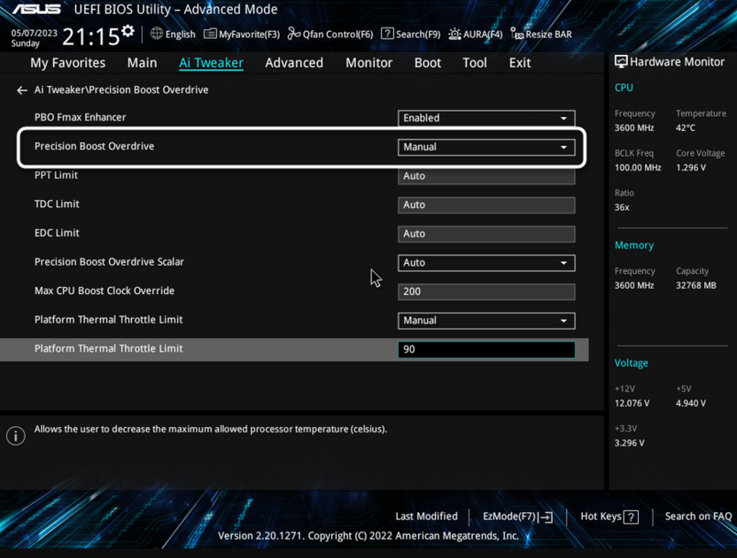Выбор режима Precision Boost Overdrive для базовой настройки процессора AMD
