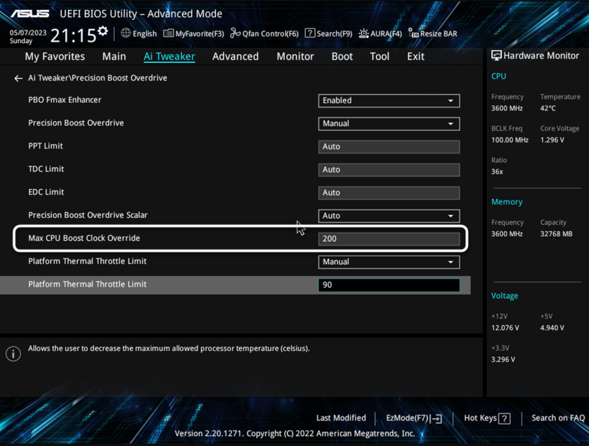 Регулировка Max CPU Boost Clock Override при настройке процессора AMD