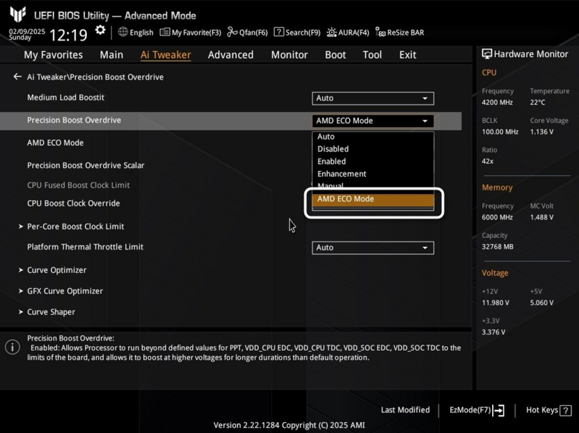 Переключение в режим ECO Mode при базовой настройке процессора AMD в BIOS