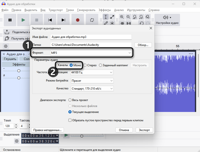 Выбор формата и каналов для записи аудиокниги в Audacity