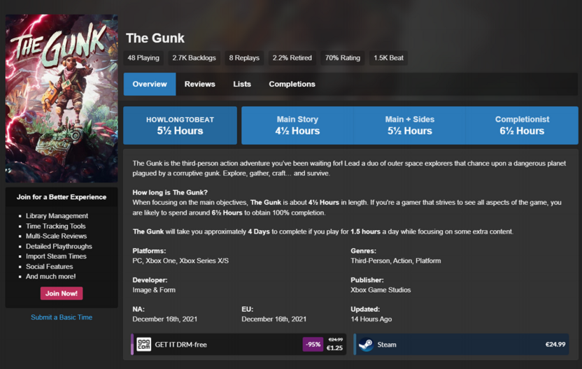 Сколько времени займет прохождение короткой игры The Gunk