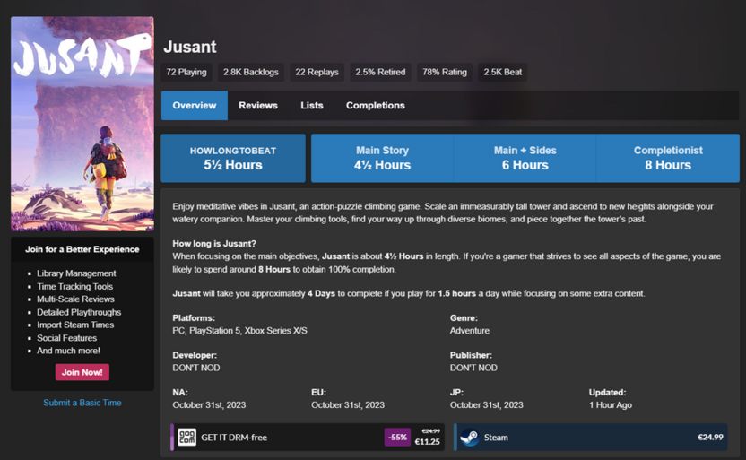 Выбор Jusant среди коротких игр для прохождения на 5-10 часов