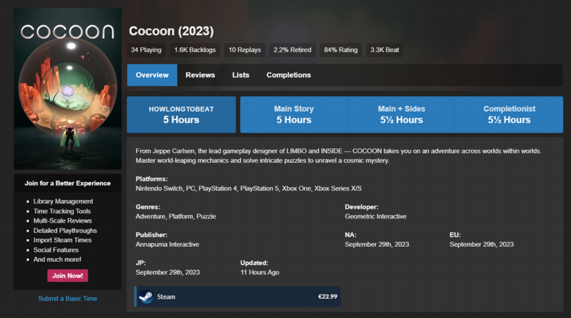 Просмотр времени прохождения игры Cocoon