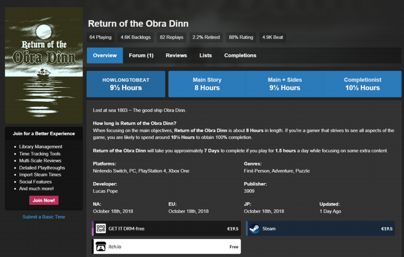 Сколько времени займет прохождение короткой игры Return of the Obra Dinn