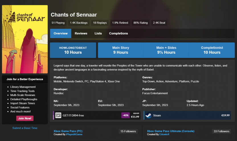 Выбор Chants of Sennaar среди коротких игр для прохождения на 5-10 часов