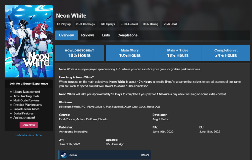 Просмотр времени на прохождение короткой игры Neon White