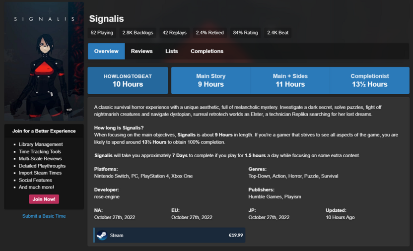 Просмотр времени прохождения короткой игры на 5-10 часов Signalis