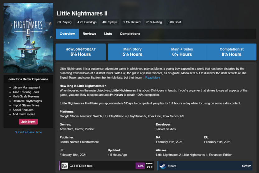 Сколько времени займет прохождение Little Nightmares II