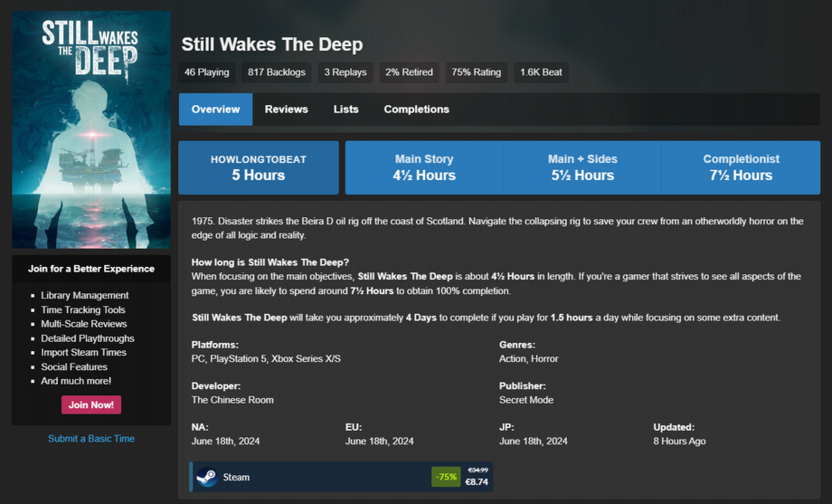 Демонстрация времени прохождения игры Still Wakes the Deep