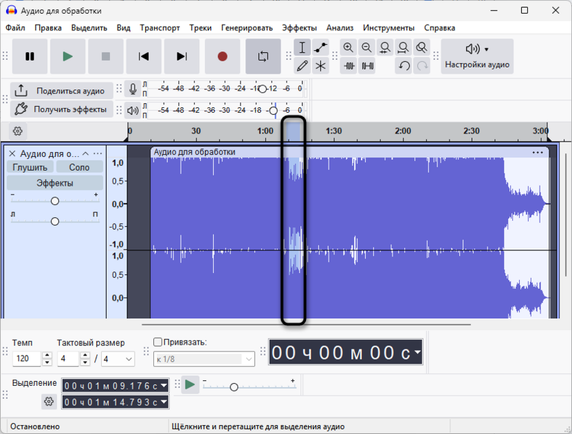 Выделение части дорожки по середине для удаления лишнего в Audacity