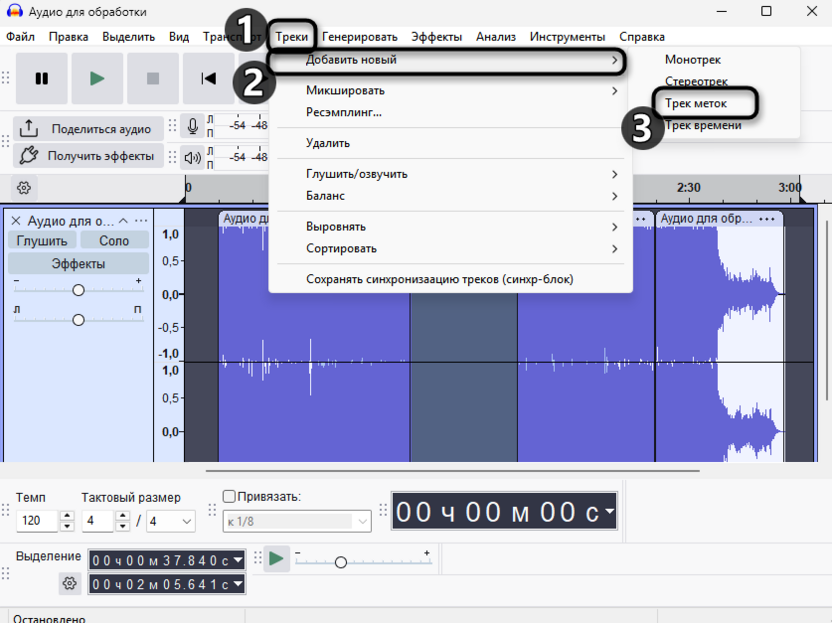 Добавление трека меток для разделения дорожки в Audacity