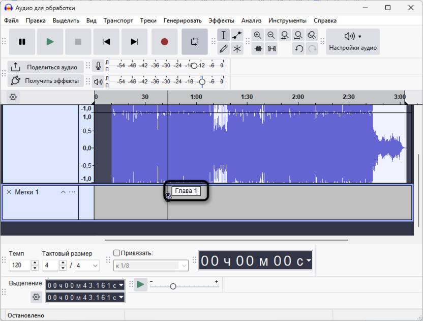 Ввод названия для первой метки при разделении дорожки в Audacity