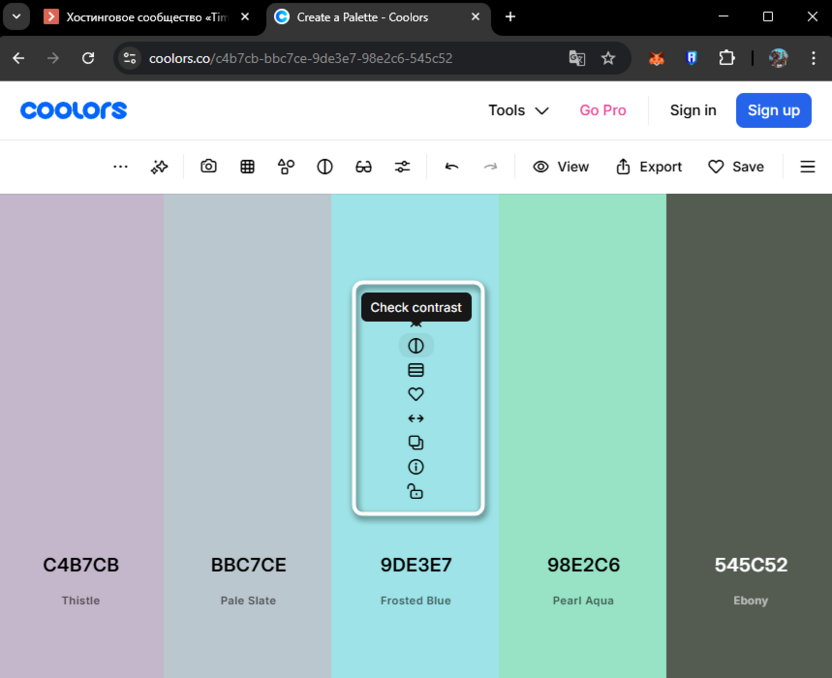 Варианты работы с цветами на сайте Coolors