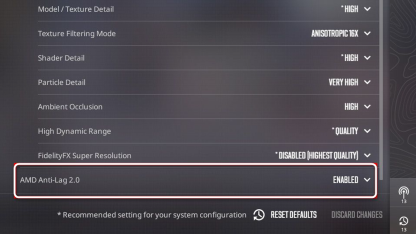 Включение AMD Anti-Lag 2 через графические настройки игры