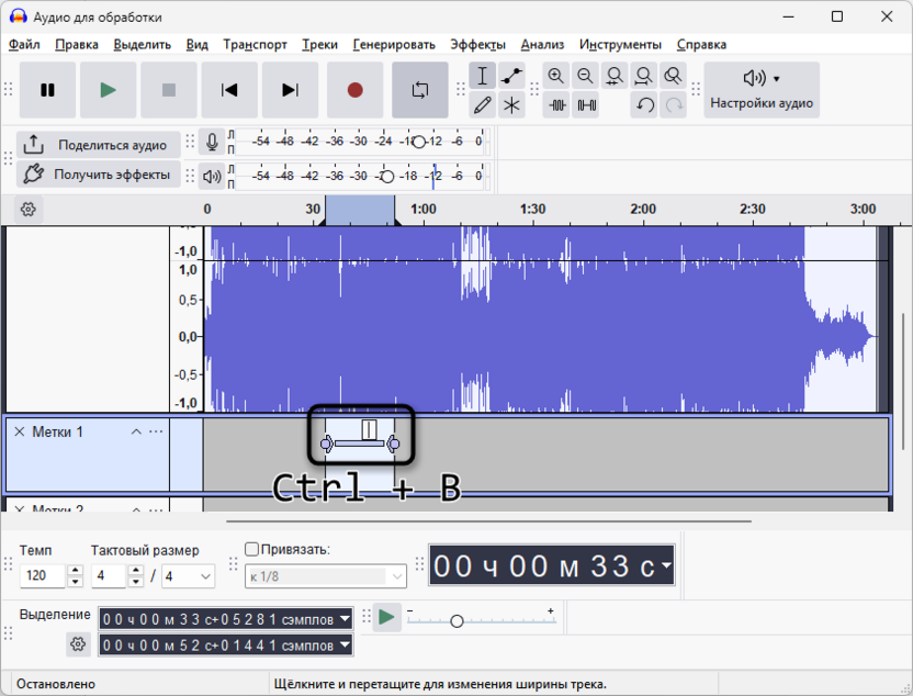 Добавление первой точки для транскрибации и работы с метками в Audacity