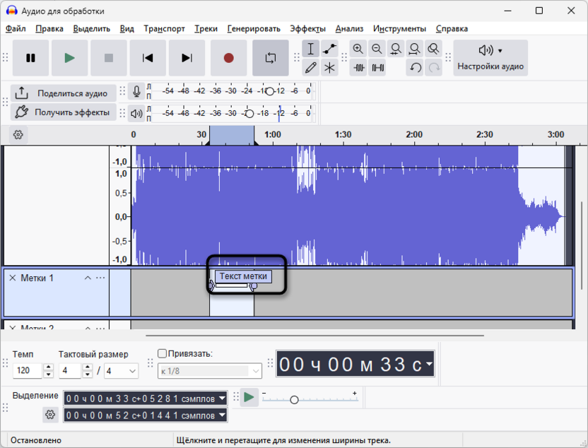 Добавление надписи для транскрибации и работы с метками в Audacity