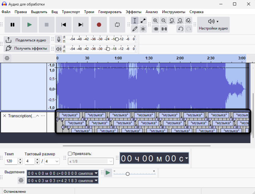 Результат работы плагина для транскрибации и работы с метками в Audacity
