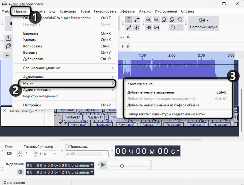 Редактирование созданных треков для транскрибации и работы с метками в Audacity