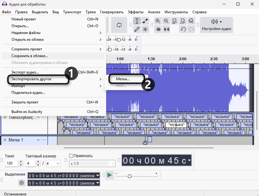 Доступные варианты экспорта для транскрибации и работы с метками в Audacity