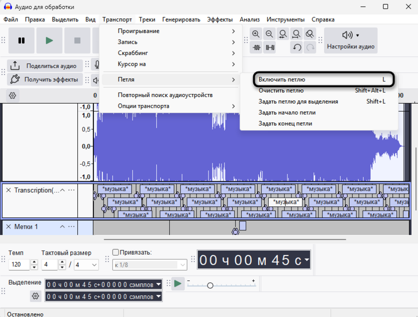 Активация петли для транскрибации и работы с метками в Audacity
