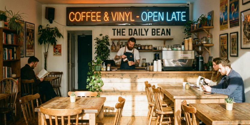 A photo of a cozy coffee shop with wooden tables, a neon sign, and a barista at work