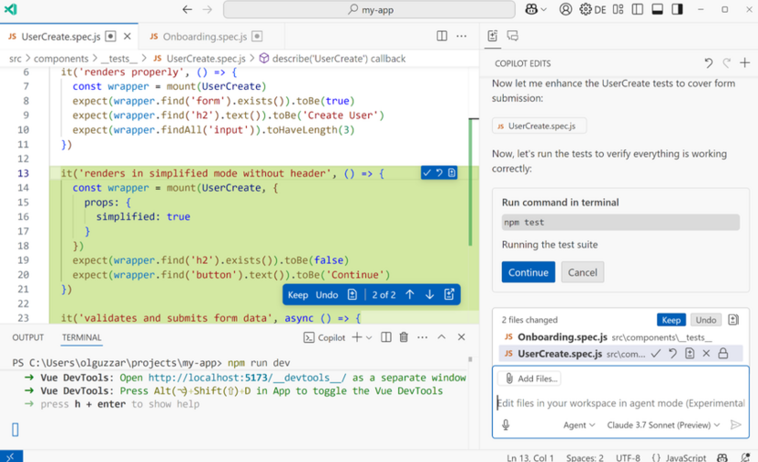 Активирование агентного режима в GitHub Copilot