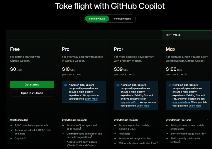 Просмотр доступных тарифов и подписок в GitHub Copilot