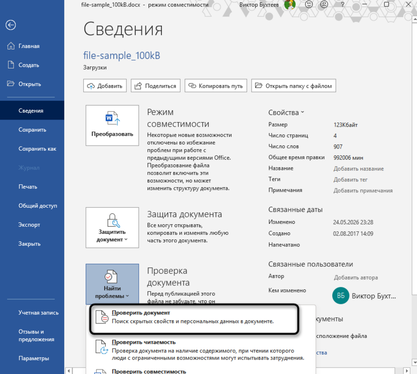 Запуск инспектора документов для сохранения Word как PDF