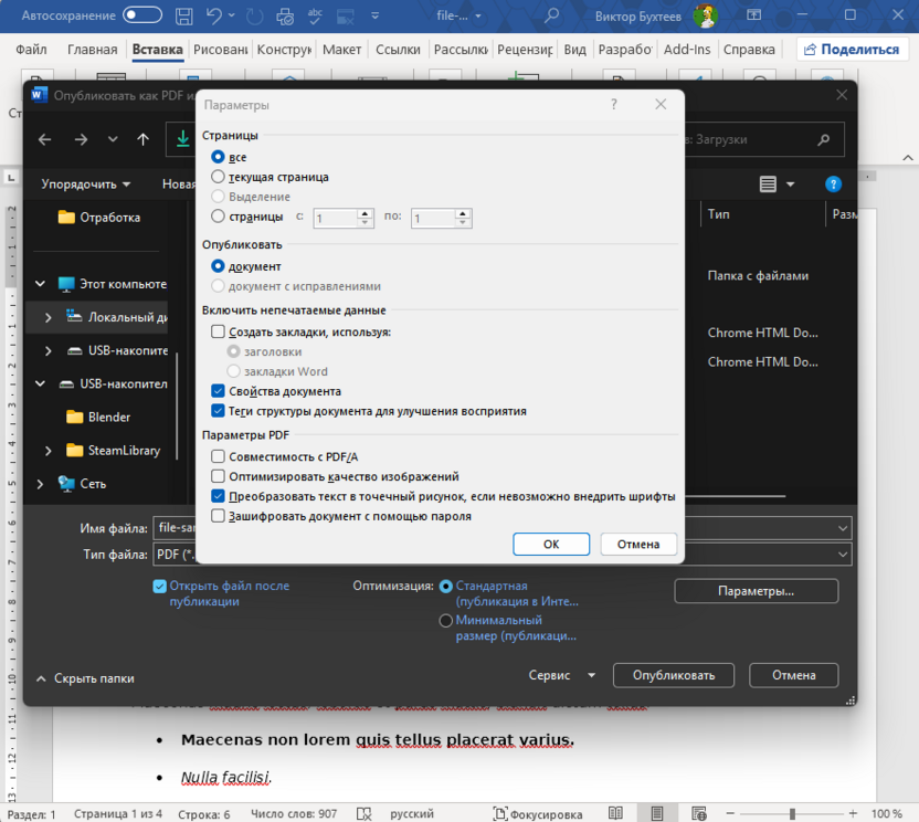 Дополнительные параметры экспорта для сохранения Word как PDF