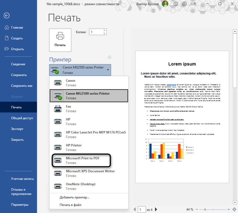 Выбор типа печати для сохранения Word как PDF