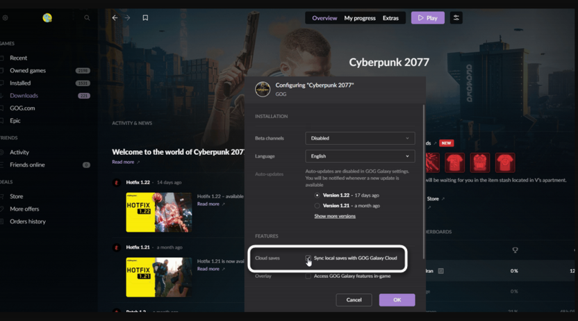 Включение облачных сохранений в Gog Galaxy