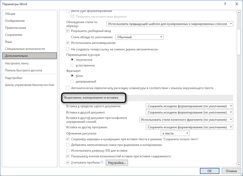 Открытие настроек копирования и вставки для сохранения сайта в Word