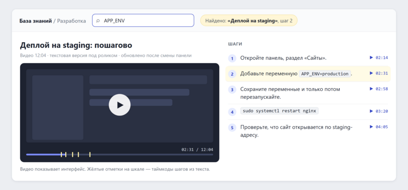 Страница базы знаний: поиск находит шаг с переменной, рядом с плеером — шаги с таймкодами