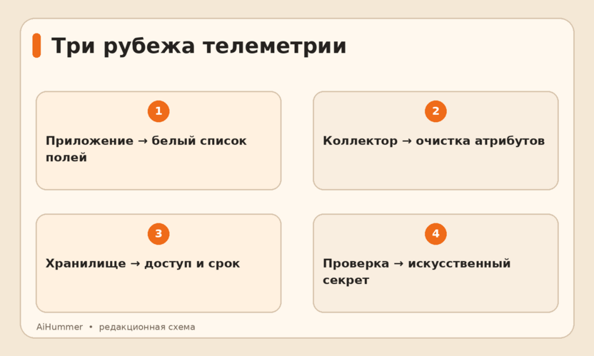 Два уровня защиты: приложение выпускает события по белому списку, коллектор удаляет лишние атрибуты, а хранилище ограничивает доступ и срок жизни записей