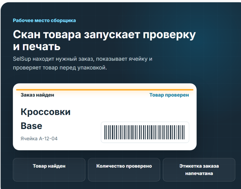 Рабочее место сборщика SelSup: поиск заказа, ячейка и проверка товара