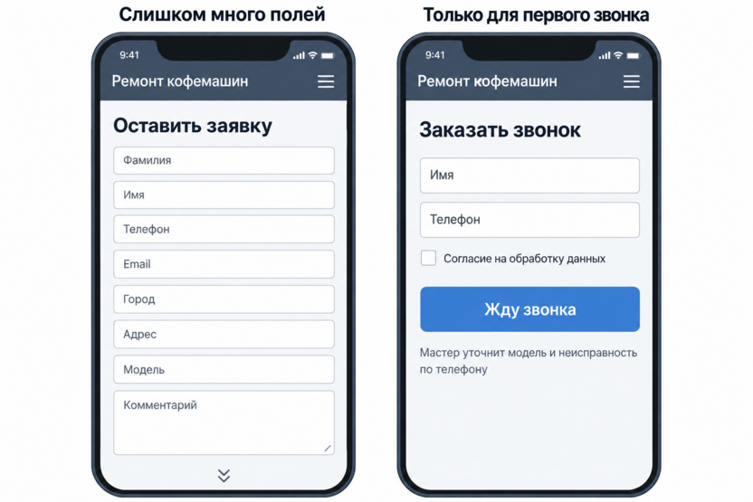 Сравнение длинной формы заявки и формы для первого звонка