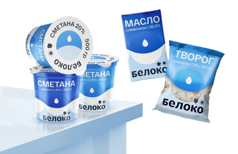 Упаковки сметаны, масла и творога разных форматов в фирменном стиле Белоко