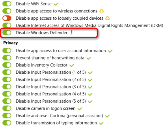 Удаление твикеров для включения Защитника Windows 10