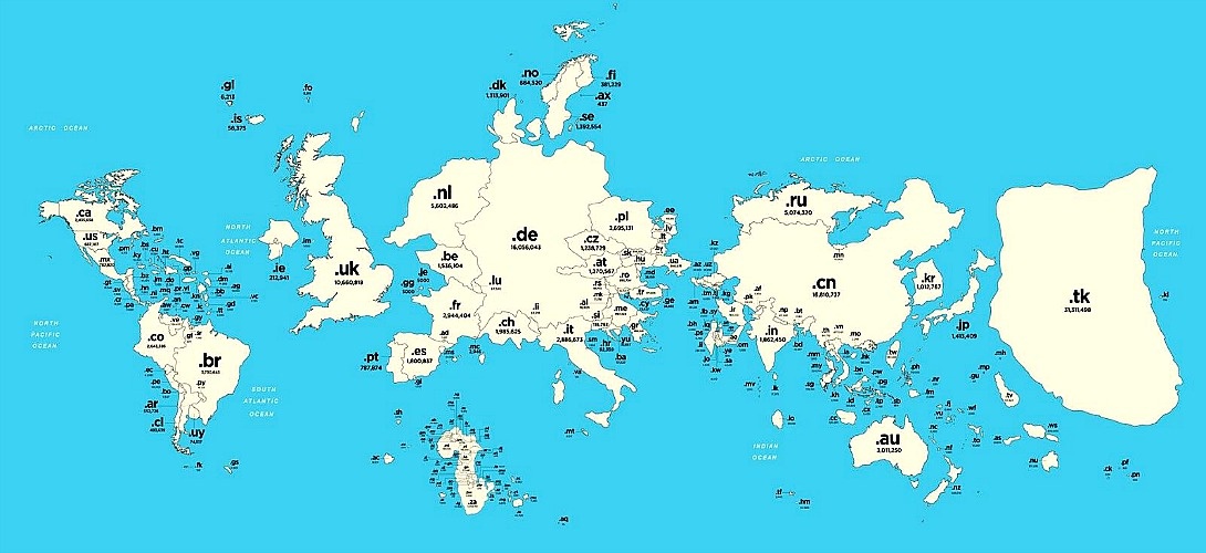 Карта размера стран по количеству доменов