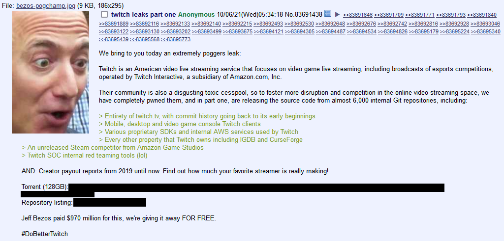 4chan опубликовали ссылку на торрент-файл, содержащий почти 125 Гб данных компании Twitch