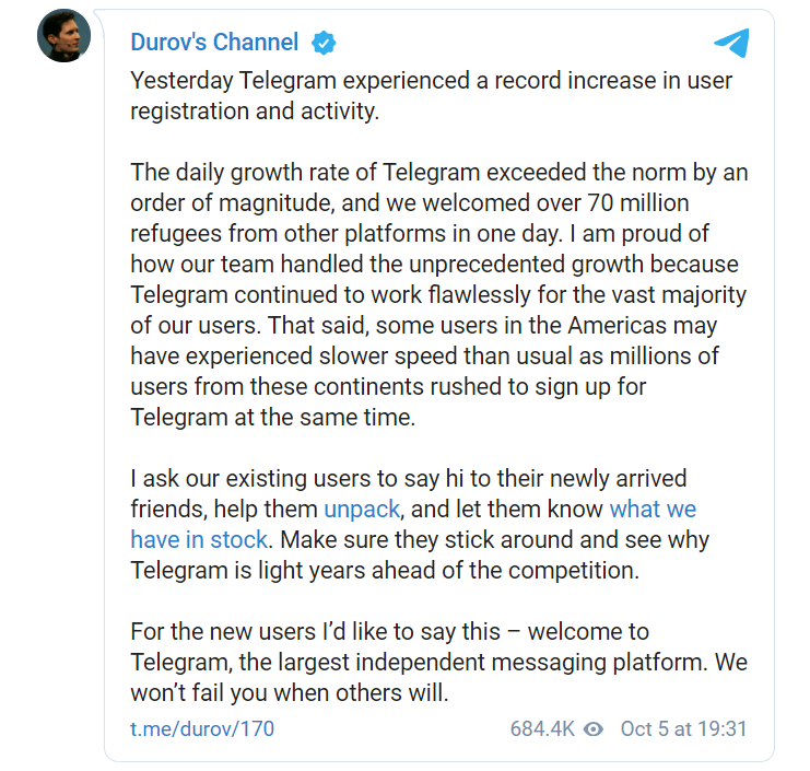 Аудитория Telegram выросла на 70 миллионов пользователей за день