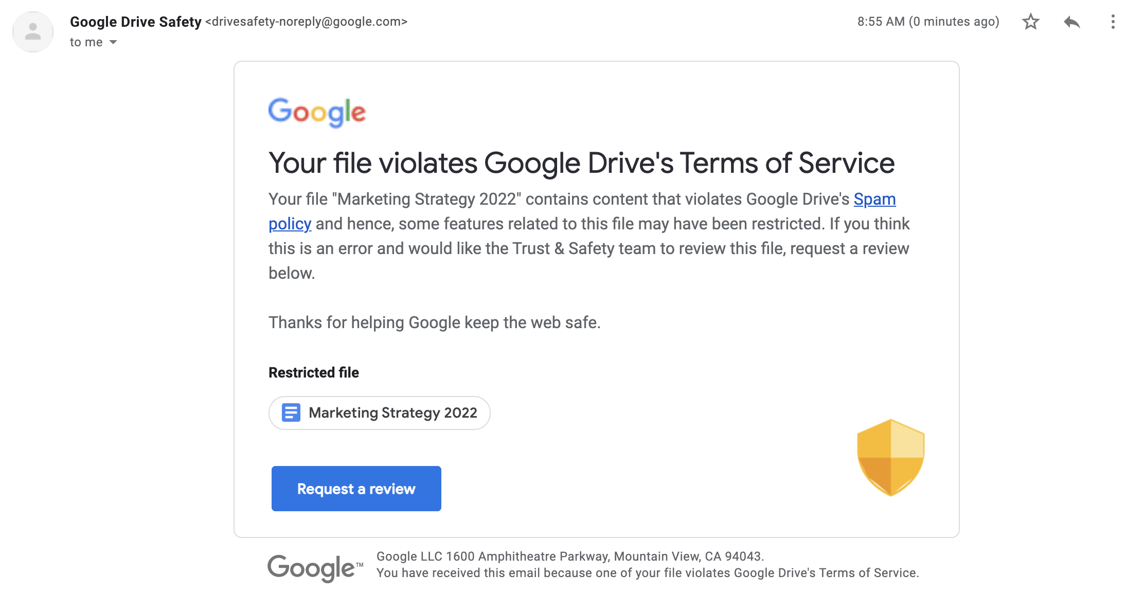 Пример письма от Google с уведомлением о нарушении