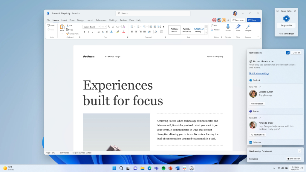 The focus feature in Windows 11