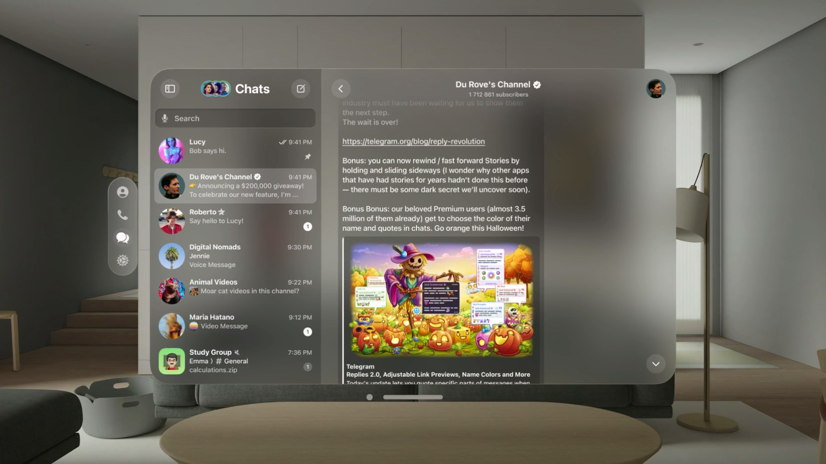 Скрин, как будет выглядеть Телеграм в Apple Vision Pro