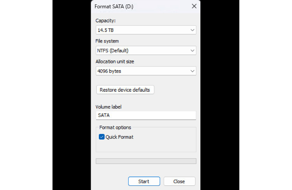 Диалоговое окно форматирования диска в Windows 11