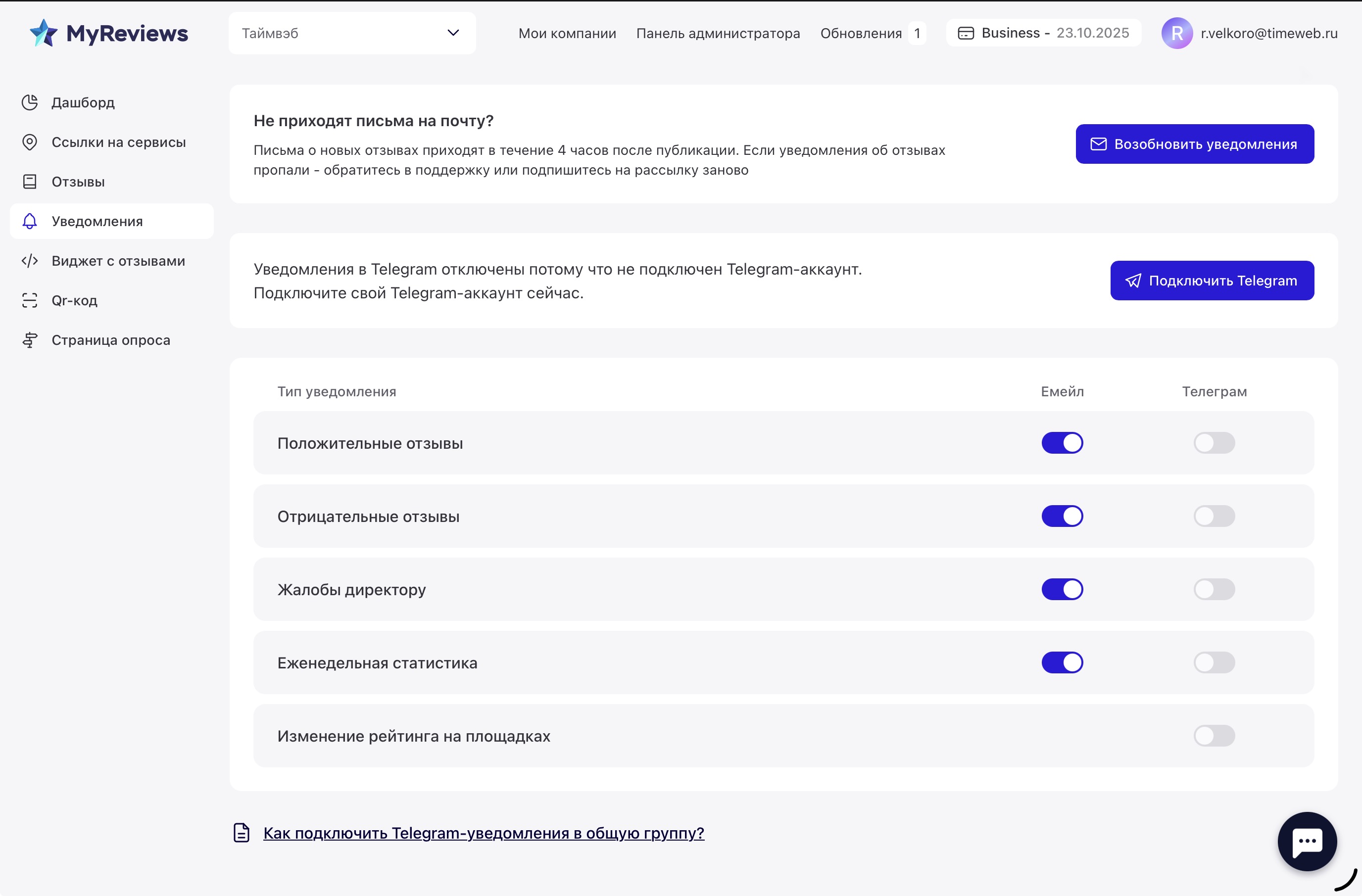 Настроить уведомления о новых отзывов в MyReviews