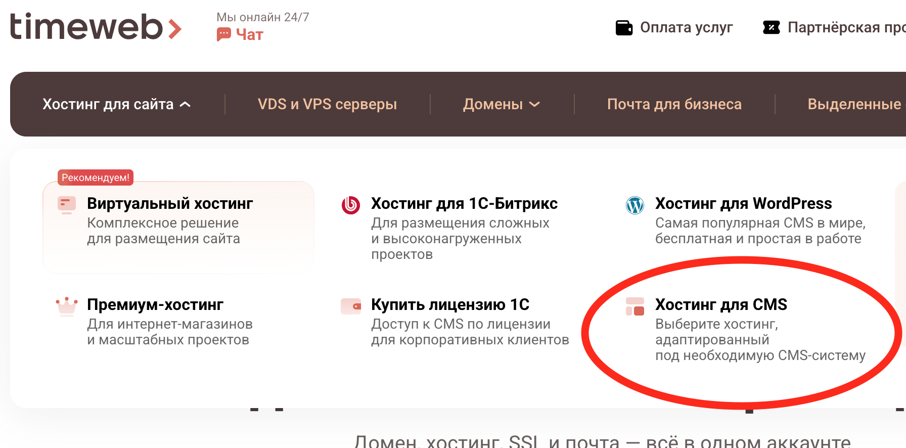 Раздел «Хостинг для CMS» в Timeweb