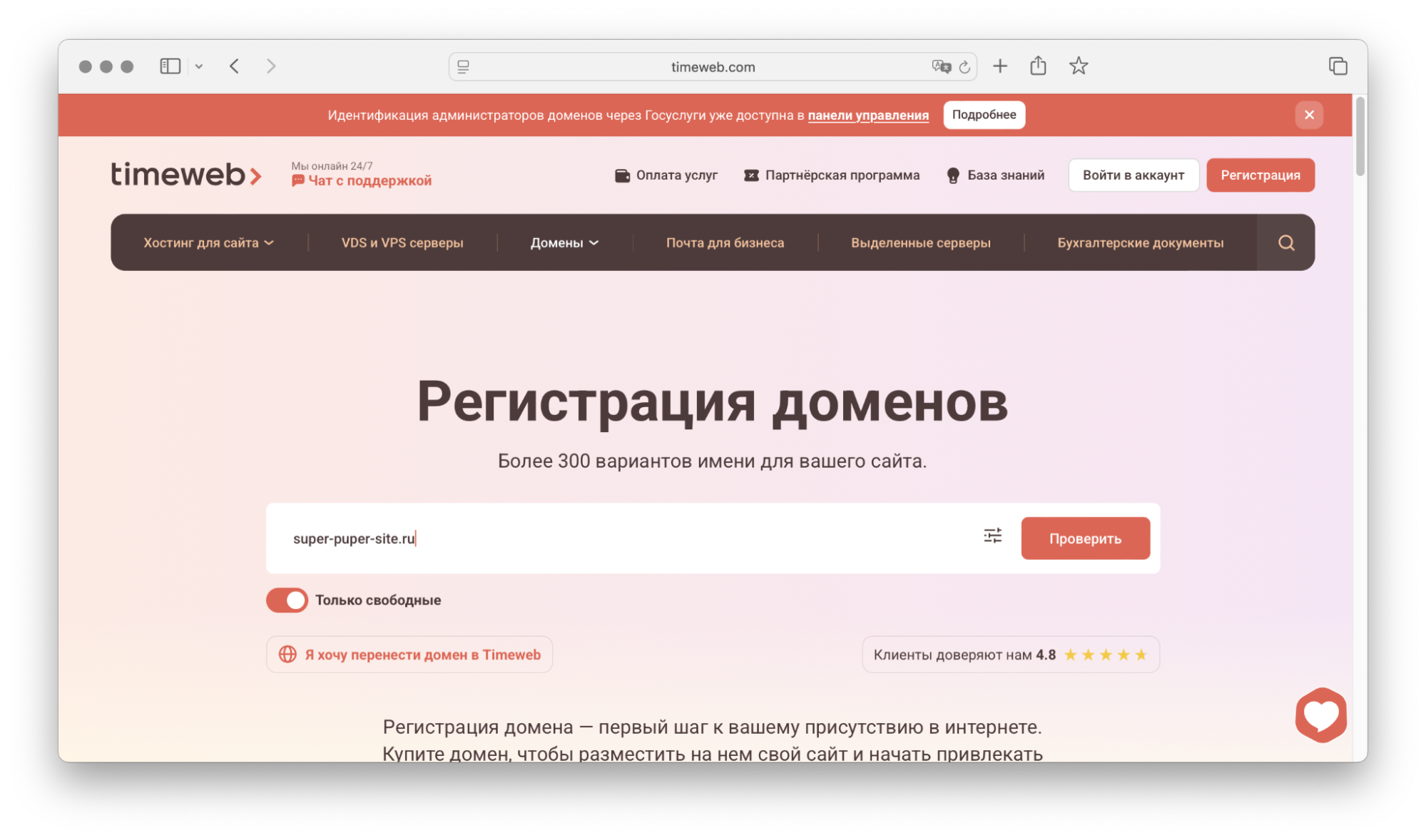 Регистрация доменов в Таймвэб