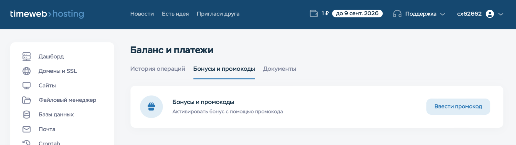 Бонусы и промокоды в ПУ Timeweb