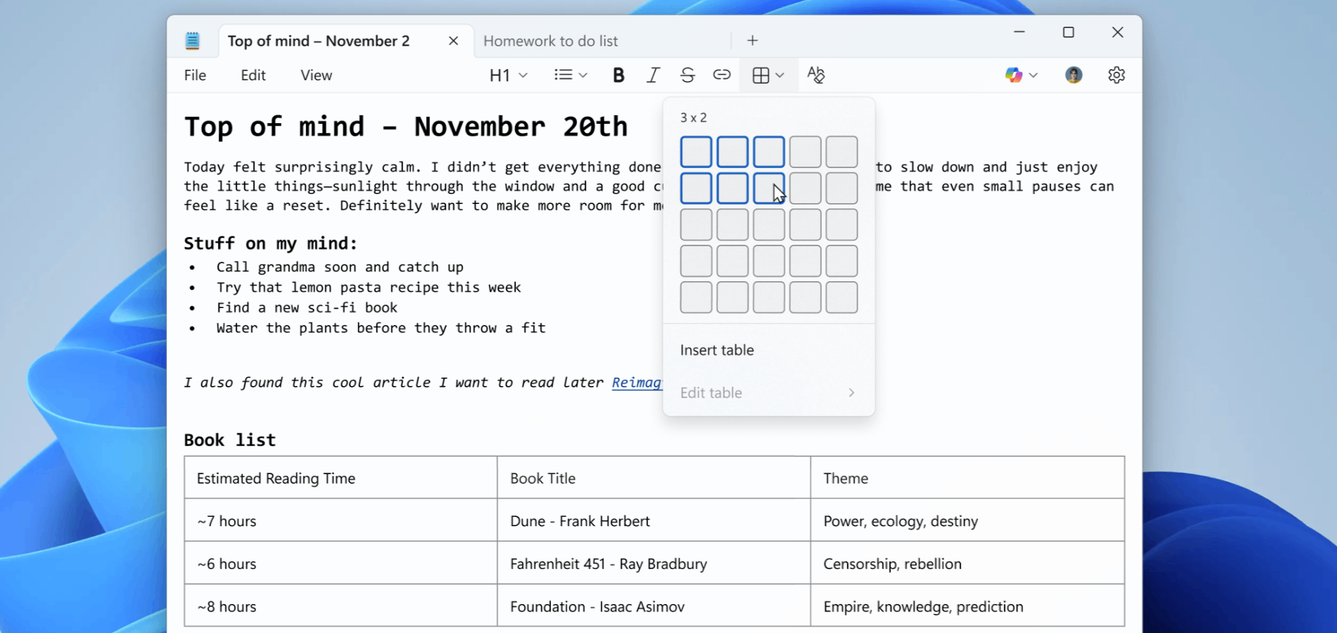 В Блокноте на Windows 11 добавили новые функции, в том числе поддержку таблиц